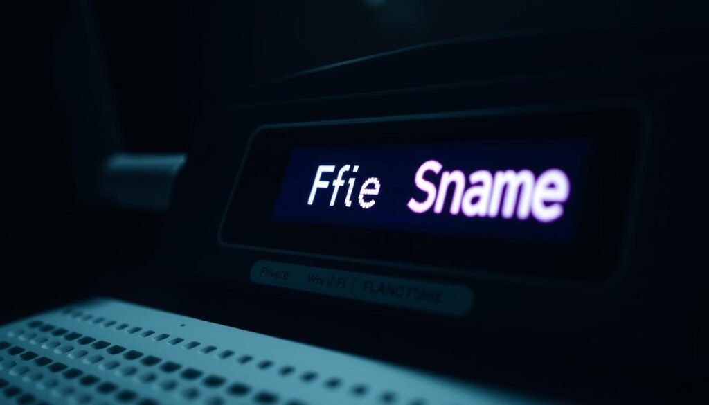 A high-contrast, close-up view of a Wi-Fi router displaying the network name (SSID) on its LED display. The SSID is clearly legible, with a clean, minimalist typeface against a dark background, suggesting a sense of privacy and security. The image is captured from a slightly elevated angle, creating a sense of focus and emphasis on the SSID. The lighting is soft and diffused, creating subtle shadows that add depth and dimensionality to the scene. The overall mood is one of simplicity, clarity, and a focus on the essential elements of a secure, private Wi-Fi network. A high-contrast, close-up view of a Wi-Fi router displaying the network name (SSID) on its LED display. The SSID is clearly legible, with a clean, minimalist typeface against a dark background, suggesting a sense of privacy and security. The image is captured from a slightly elevated angle, creating a sense of focus and emphasis on the SSID. The lighting is soft and diffused, creating subtle shadows that add depth and dimensionality to the scene. The overall mood is one of simplicity, clarity, and a focus on the essential elements of a secure, private Wi-Fi network.