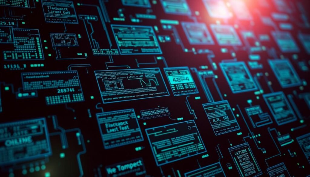 A high-contrast, close-up view of a network packet data stream, illuminated by a bright, directional light source casting dramatic shadows. The packets appear as rectangular shapes in various shades of blue, green, and gray, with intricate patterns and lines representing the underlying network protocol information. The scene has a technical, analytical feel, with a sense of depth and layering to convey the complexity of the data being transmitted. The overall composition emphasizes the abstract, geometric nature of the packets, hinting at the potential vulnerabilities that could be exploited by a network sniffer.