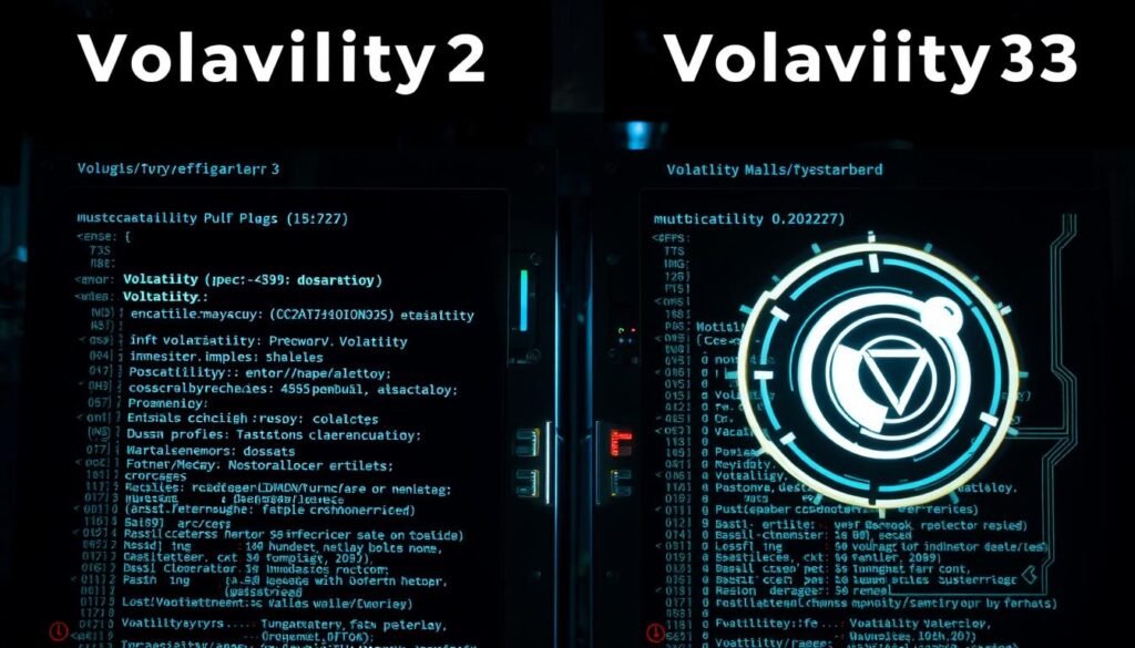 A high-contrast, close-up view of two different versions of the Volatility memory forensics framework, Volatility 2 and Volatility 3, showcased side-by-side against a dark, moody backdrop. The plugins, profiles, and symbols unique to each version are prominently displayed, with glowing digital interfaces and intricate technical details. The scene is illuminated by a cool, bluish lighting, creating a sense of technical depth and complexity. The composition emphasizes the differences and advancements between the two Volatility versions, reflecting the nuances and challenges of memory forensics tooling. A high-contrast, close-up view of two different versions of the Volatility memory forensics framework, Volatility 2 and Volatility 3, showcased side-by-side against a dark, moody backdrop. The plugins, profiles, and symbols unique to each version are prominently displayed, with glowing digital interfaces and intricate technical details. The scene is illuminated by a cool, bluish lighting, creating a sense of technical depth and complexity. The composition emphasizes the differences and advancements between the two Volatility versions, reflecting the nuances and challenges of memory forensics tooling.