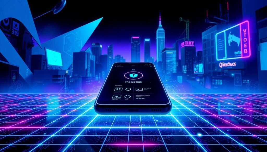 A high-contrast, cyberpunk-inspired digital illustration depicting the "protection results" for a smartphone. In the foreground, a sleek, angular mobile device sits atop a glowing, holographic grid, its screen displaying various security icons and status indicators. The middle ground features abstract, geometric shapes and patterns in shades of blue, purple, and green, conveying a sense of technological sophistication. In the background, a dystopian cityscape with towering skyscrapers and neon signage creates an ominous, futuristic atmosphere. The lighting is dramatic, with sharp contrasts and intense, directional illumination, emphasizing the importance and gravity of the "protection results" being displayed.