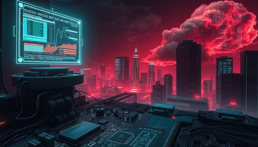 A high-contrast cyberpunk scene depicting the vulnerabilities of the Kernel-based Virtual Machine (KVM) hypervisor. In the foreground, a complex circuit board with exposed electrical components represents the intricate layers of the virtualization subsystem. Casting an eerie glow, a holographic data visualization hovers above, revealing security weaknesses and potential attack vectors. The middle ground features a futuristic cityscape with skyscrapers and networks of cables, symbolizing the interconnected nature of modern computing infrastructure. In the distant background, an ominous cloud of binary code swirls, hinting at the ever-present threat of exploitation. The overall mood is one of unease and technological complexity, reflecting the critical nature of the KVM vulnerability.