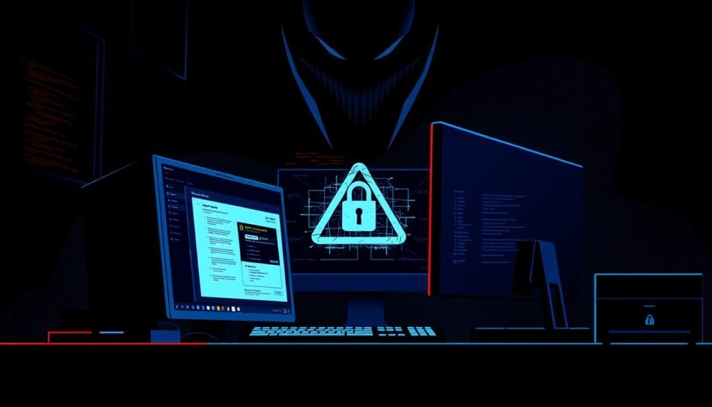 A high-contrast digital illustration depicting an administrator's computer workstation, showcasing the potential risks of using an administrative account for daily tasks. In the foreground, a desktop interface with multiple windows and applications open, suggesting a cluttered and vulnerable workspace. The middle ground features a cautionary graphic element, such as a warning sign or lock icon, emphasizing the importance of security. In the background, a dark, ominous atmosphere with subtle shadows and digital glitches, conveying the sense of looming threats and the need for heightened vigilance. The overall tone should be one of concern and the need for improved security practices.