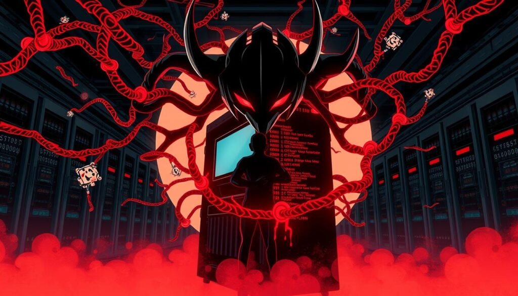 A high-contrast digital illustration depicting the Shamoon malware in action. In the foreground, a sinister-looking computer virus entity with sharp, metallic edges and a glowing red core dominates the frame. Tendrils of corrupt code spread outward, intertwining with stylized depictions of system files and network connections. In the middle ground, a silhouetted computer tower is being overtaken by the malware's influence, its screen flickering ominously. The background is a dark, ominous landscape of server racks and data centers, hinting at the widespread impact of the Shamoon attack. The overall tone is one of technological dread and the destructive power of advanced malware.