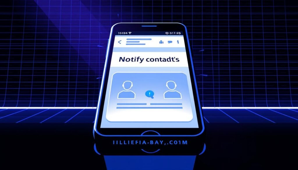 A high-contrast digital illustration showcasing the action of "notify contacts" in an email security scenario. The foreground depicts a stylized smartphone screen with an email composition window open, conveying a sense of urgency. The middle ground features a series of contact icons or avatars, suggesting the act of sending notifications. The background is a minimalist, technical-looking grid or network pattern, evoking the digital realm. The lighting is crisp and dramatic, with strong shadows and highlights to emphasize the importance of the task. The overall mood is serious and focused, reflecting the need to quickly secure one's email account.