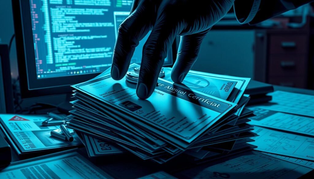 A high-contrast, gritty digital illustration of a stack of credentials, including official IDs, security badges, and tech certificates. The credentials are strewn across a cluttered desk, partially obscured by the ominous shadow of a hacker's hand reaching for them. The scene is lit by the harsh glow of a computer monitor, casting a eerie, bluish tone over the composition. The background is blurred, suggesting a nondescript office environment. The overall mood is one of unease and the sense of an unseen, malicious presence. A high-contrast, gritty digital illustration of a stack of credentials, including official IDs, security badges, and tech certificates. The credentials are strewn across a cluttered desk, partially obscured by the ominous shadow of a hacker's hand reaching for them. The scene is lit by the harsh glow of a computer monitor, casting a eerie, bluish tone over the composition. The background is blurred, suggesting a nondescript office environment. The overall mood is one of unease and the sense of an unseen, malicious presence.