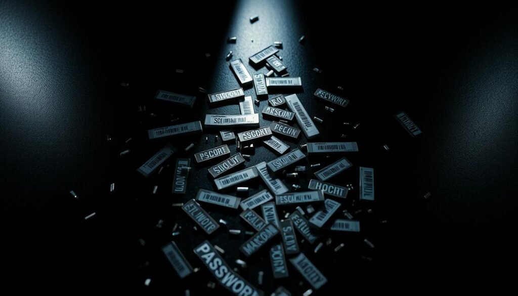 A high-contrast, moody image of scattered passwords, login credentials, and hacked data spilling across a dark, shadowy surface. The passwords and usernames are blurred and distorted, conveying a sense of data breached and compromised. Dramatic lighting casts dramatic shadows, heightening the sense of urgency and danger. The composition is tightly framed, focusing the viewer's attention on the details of the leaked credentials. An ominous, unsettling atmosphere pervades the scene, reflecting the gravity of the password leak being depicted.