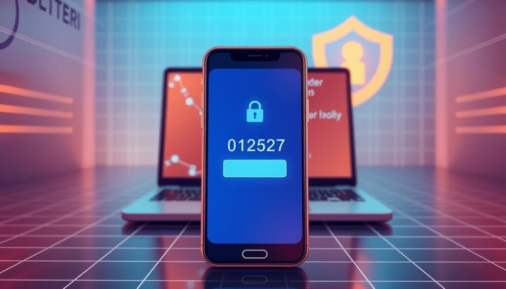 A high-quality digital illustration depicting two-factor authentication in a secure and modern setting. In the foreground, a smartphone screen displays a numeric code, representing the second step of the authentication process. The middle ground features a laptop or desktop computer, symbolizing the primary login interface. The background showcases a minimalist, high-tech environment with subtle grid patterns and a soft, blue-tinted lighting scheme, conveying a sense of technological sophistication and data security. The overall composition emphasizes the importance of layered security measures to protect online accounts, with a clean and visually striking aesthetic.
