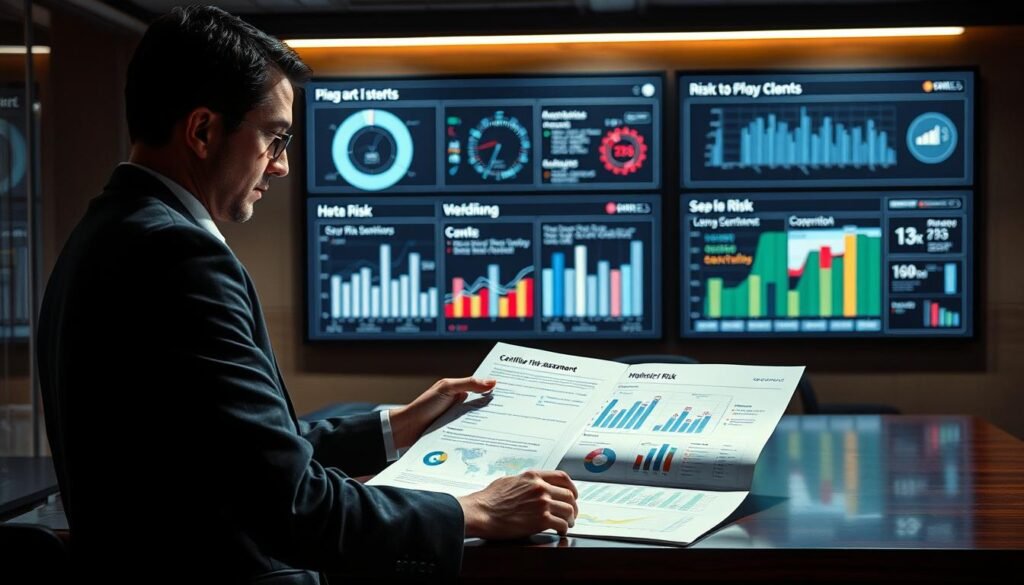 A high-quality image of risk management for the "Certified in Risk and Information Systems Control (CRISC): risk management mastery" section. The image should depict a corporate office setting with a focused professional in the foreground, carefully examining a holistic risk assessment report on a large desk. The background should feature a wall-mounted dashboard displaying key risk metrics and KPIs. Subtle dramatic lighting should cast shadows, conveying a thoughtful, analytical atmosphere. The overall scene should visually communicate the mastery of risk management principles and the importance of this certification.