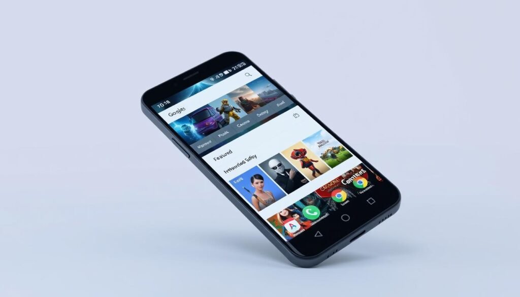A high-quality, well-lit 3D render of the Google Play Store app interface, displayed on a realistic-looking Android smartphone in a minimalist studio setting. The smartphone is positioned at a slight angle, with the screen prominently showcasing the Play Store's homepage, featuring a clean, user-friendly design with a variety of app categories and featured apps. The background is a clean, neutral color that allows the smartphone and app interface to stand out. The lighting is soft and directional, creating subtle shadows and highlights that enhance the depth and realism of the scene. The overall mood is professional, trustworthy, and informative, conveying the importance of downloading apps safely from a verified source like the Google Play Store.