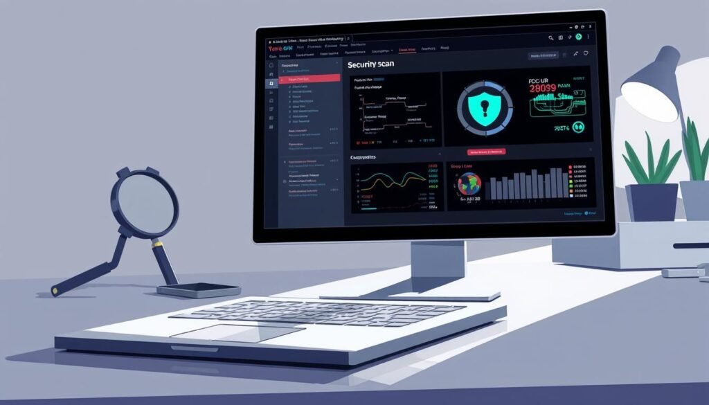A high-resolution, detailed digital illustration of a computer screen showing a website scan in progress. The screen displays a comprehensive security analysis, with various technical metrics and data visualizations. The foreground features a laptop with an angled perspective, casting a soft shadow on the desk surface. The middle ground showcases a magnifying glass and a smartphone, suggesting a forensic investigation. The background is a minimalist, neutral-toned workspace, with subtle lighting accentuating the digital elements. The overall tone is one of professionalism, emphasizing the gravity of the website security assessment.