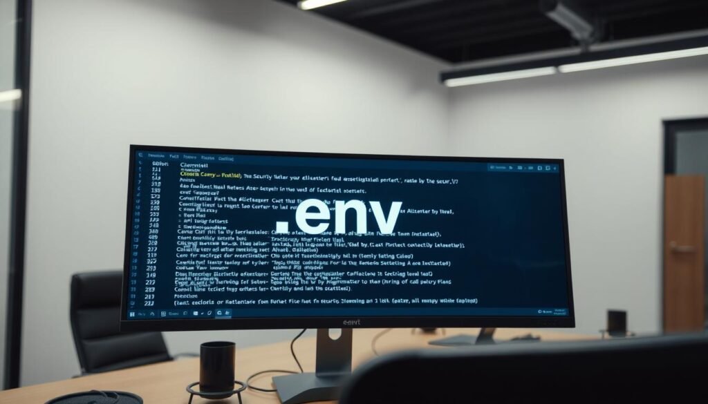 A high-resolution, detailed image of a .env file displayed on a computer screen. The .env file is prominently featured in the center of the frame, with a clean, well-lit environment around it. The background is a minimalist, neutral-toned office setting, with a desk, chair, and other subtle office elements. The .env file is displayed in a plain text editor, with the file contents clearly visible, showcasing the technical nature of the subject. The lighting is soft and even, creating a professional, investigative atmosphere. The camera angle is slightly elevated, giving the viewer a sense of authority and importance. The overall composition emphasizes the significance of the .env file and its potential for security implications.