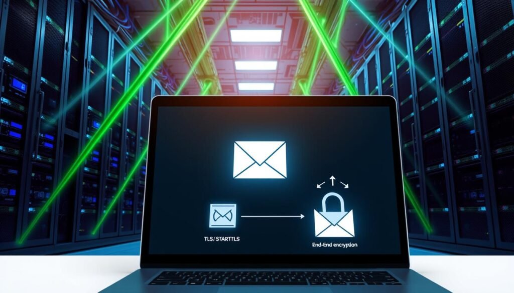 A high-security data center, with rows of racks housing servers and networking equipment. Beams of green and blue light emanate from cables and LCD displays, casting an ethereal glow. In the foreground, a laptop screen displays a secure email interface, with symbols of TLS, STARTTLS, and end-to-end encryption protocols. The scene conveys the importance of protecting sensitive communications and data through robust encryption techniques, essential for safeguarding an organization's email infrastructure. A high-security data center, with rows of racks housing servers and networking equipment. Beams of green and blue light emanate from cables and LCD displays, casting an ethereal glow. In the foreground, a laptop screen displays a secure email interface, with symbols of TLS, STARTTLS, and end-to-end encryption protocols. The scene conveys the importance of protecting sensitive communications and data through robust encryption techniques, essential for safeguarding an organization's email infrastructure.