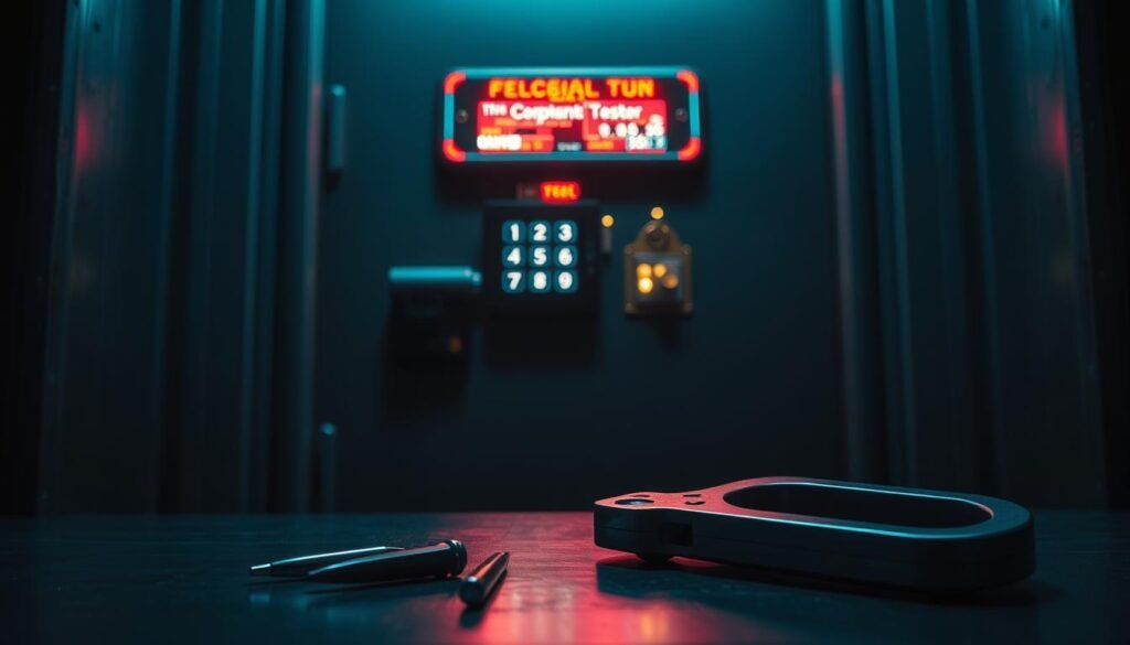 A high-security door with an electronic access panel, bathed in cool, industrial lighting. The panel flashes with a complex array of sensors and keypad, hinting at the challenge of circumventing its safeguards. In the foreground, a set of lock picks and a slim jim lay ready, the tools of the trade for a skilled physical penetration tester. The background fades into shadows, conveying the clandestine nature of this breach attempt. Tension builds as the operator carefully selects their approach, poised to bypass the access control with precision and expertise.