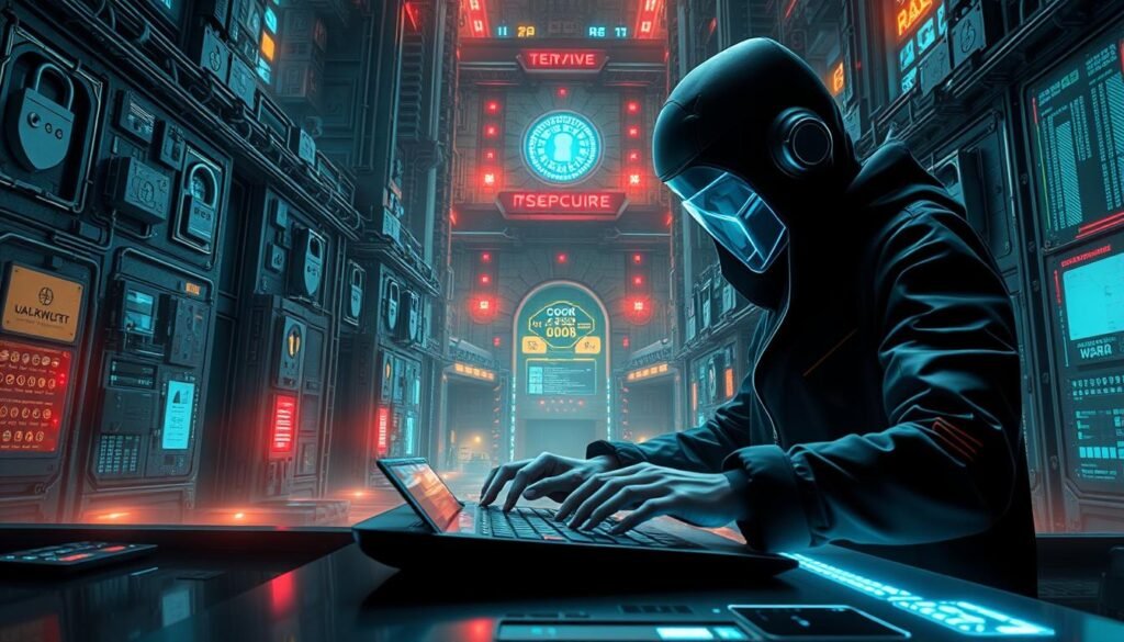 A high-security fortress stands tall, its walls adorned with intricate electronic locks and biometric scanners. Streams of data flow through the structure, guarded by layers of encryption and firewalls. In the foreground, a solitary figure types furiously on a sleek, futuristic-looking keyboard, their face illuminated by the glow of a multi-screen display. The scene conveys a sense of urgency and the importance of robust cybersecurity measures, underscoring the idea that a strong password alone is not enough to protect against modern digital threats.