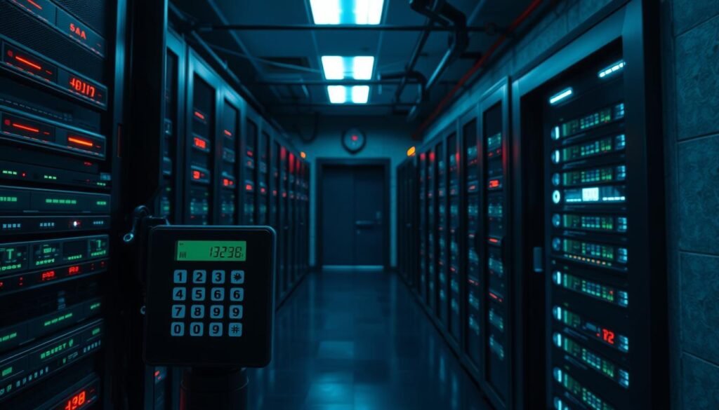 A high-security server room, with banks of sleek black server racks and blinking indicator lights. In the foreground, a security keypad with a numeric display, and a biometric scanner for fingerprint or iris recognition. The room is dimly lit, with a cool blue-tinted glow from the server equipment. The walls are reinforced concrete, and the entrance is secured with a heavy-duty steel door. The atmosphere conveys a sense of vigilance and protection, befitting a critical digital asset.