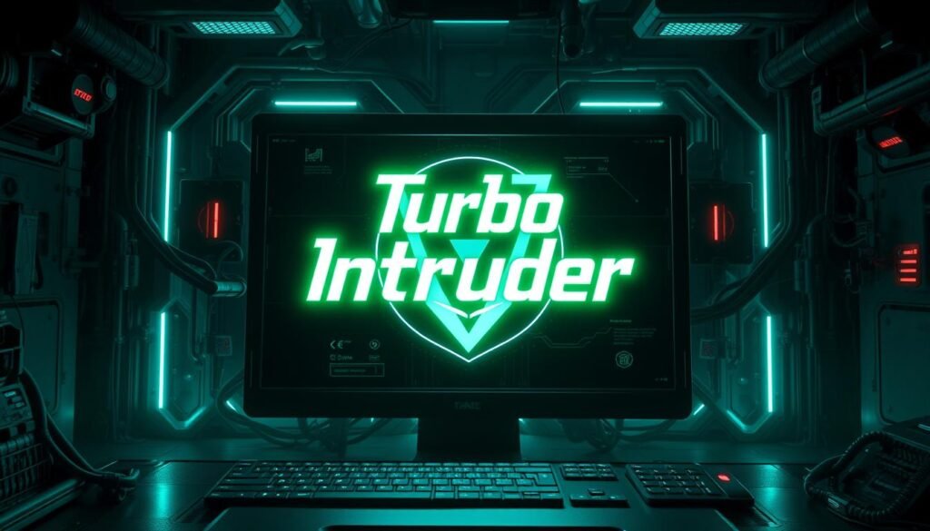 A high-tech and ominous-looking computer interface, with a glowing "Turbo Intruder" logo prominently displayed in the center. The interface is bathed in an eerie blue-green glow, creating an atmosphere of tension and impending danger. The background is dark and industrial, with hints of circuitry and mechanical components, suggesting a powerful and complex system. The composition is striking, with the "Turbo Intruder" logo occupying a significant portion of the frame, drawing the viewer's attention. The overall aesthetic evokes a sense of technological prowess and the potential for malicious exploitation. A high-tech and ominous-looking computer interface, with a glowing "Turbo Intruder" logo prominently displayed in the center. The interface is bathed in an eerie blue-green glow, creating an atmosphere of tension and impending danger. The background is dark and industrial, with hints of circuitry and mechanical components, suggesting a powerful and complex system. The composition is striking, with the "Turbo Intruder" logo occupying a significant portion of the frame, drawing the viewer's attention. The overall aesthetic evokes a sense of technological prowess and the potential for malicious exploitation.