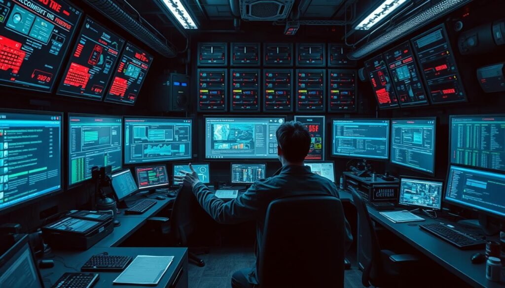A high-tech command center with a team of cybersecurity experts monitoring multiple screens, dashboards, and threat intelligence feeds. The room is dimly lit, with a cool, metallic color scheme and a sense of urgency. In the foreground, a team member is gesturing towards a large central display, highlighting incident data and response procedures. The middle ground features various workstations, each with specialized tools and interfaces. In the background, a towering bank of servers and networking equipment hums with activity, conveying the scale and complexity of the organization's digital infrastructure. The overall atmosphere is one of preparedness, vigilance, and the ability to rapidly respond to any security incident. A high-tech command center with a team of cybersecurity experts monitoring multiple screens, dashboards, and threat intelligence feeds. The room is dimly lit, with a cool, metallic color scheme and a sense of urgency. In the foreground, a team member is gesturing towards a large central display, highlighting incident data and response procedures. The middle ground features various workstations, each with specialized tools and interfaces. In the background, a towering bank of servers and networking equipment hums with activity, conveying the scale and complexity of the organization's digital infrastructure. The overall atmosphere is one of preparedness, vigilance, and the ability to rapidly respond to any security incident.
