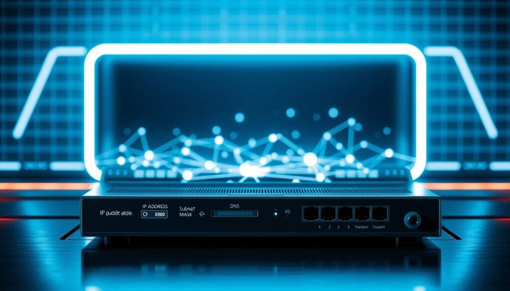 A high-tech computer network interface, displayed on a sleek, metallic interface. The foreground showcases a series of network connection settings, including IP address, subnet mask, gateway, and DNS configurations. In the middle ground, a stylized visualization of data packets flowing through the network, represented by glowing lines and geometric shapes. The background features a subtle grid pattern, conveying a sense of order and structure within the digital landscape. The lighting is cool and subdued, creating a serious, professional atmosphere befitting the technical nature of the subject matter. The overall composition strikes a balance between functional detail and artistic interpretation, providing a visually compelling illustration of network settings.