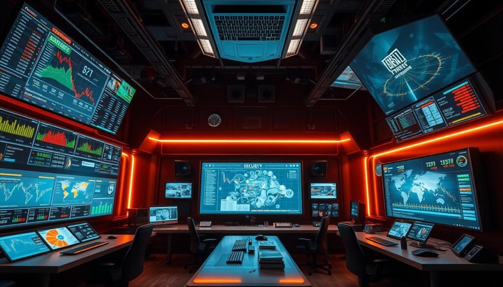 A high-tech control center with multiple displays and data visualizations, showcasing real-time market data and security analytics. Warm, indirect lighting casts a soft glow over the scene, creating a professional and authoritative atmosphere. Sleek, modern furniture and equipment suggest a cutting-edge, well-equipped facility. In the foreground, a series of interactive dashboards and charts provide a comprehensive overview of the current state of the security market, while in the background, large screens display live feed from various financial data sources and security monitoring systems. The overall impression is one of a well-organized, technologically advanced hub for monitoring and analyzing the security industry. A high-tech control center with multiple displays and data visualizations, showcasing real-time market data and security analytics. Warm, indirect lighting casts a soft glow over the scene, creating a professional and authoritative atmosphere. Sleek, modern furniture and equipment suggest a cutting-edge, well-equipped facility. In the foreground, a series of interactive dashboards and charts provide a comprehensive overview of the current state of the security market, while in the background, large screens display live feed from various financial data sources and security monitoring systems. The overall impression is one of a well-organized, technologically advanced hub for monitoring and analyzing the security industry.