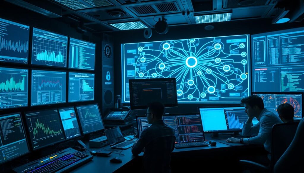 A high-tech control room, with various screens and dashboards displaying real-time security telemetry data. In the foreground, an array of sophisticated tools, including network analyzers, packet sniffers, and threat detection software, all connected to a central monitoring console. The lighting is a cool, blue-tinted hue, creating a sense of urgency and focus. The background features a complex diagram of a corporate network, with intricate connections and potential vulnerabilities highlighted. The overall atmosphere is one of intense concentration and vigilance, as the incident responders work tirelessly to turn the noise of security data into a clear, actionable signal. A high-tech control room, with various screens and dashboards displaying real-time security telemetry data. In the foreground, an array of sophisticated tools, including network analyzers, packet sniffers, and threat detection software, all connected to a central monitoring console. The lighting is a cool, blue-tinted hue, creating a sense of urgency and focus. The background features a complex diagram of a corporate network, with intricate connections and potential vulnerabilities highlighted. The overall atmosphere is one of intense concentration and vigilance, as the incident responders work tirelessly to turn the noise of security data into a clear, actionable signal.