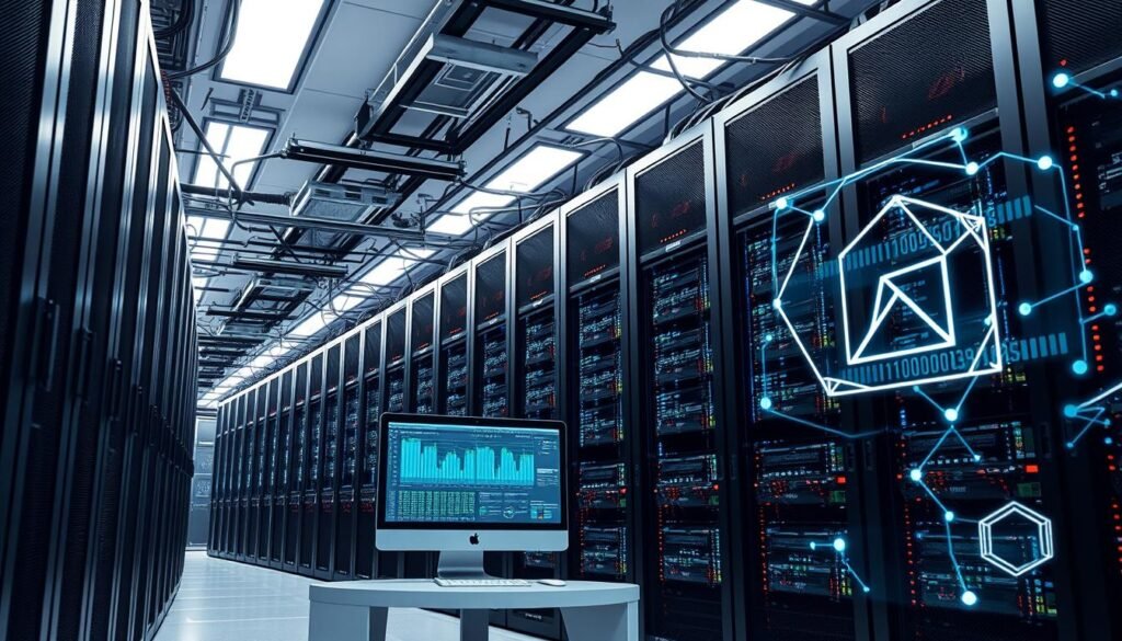 A high-tech data center with rows of sleek black server racks, blinking LEDs, and a complex web of cables and wires. Bright overhead lighting casts a clinical glow, highlighting the intricate components. In the foreground, a single desktop computer sits on a minimalist workstation, its screen displaying a dynamic data visualization. The background features a translucent overlay of binary code and abstract geometric shapes, symbolizing the layers of information and connectivity underpinning modern digital systems. The overall scene conveys a sense of power, complexity, and the value of the data stored and processed within this technological nerve center.