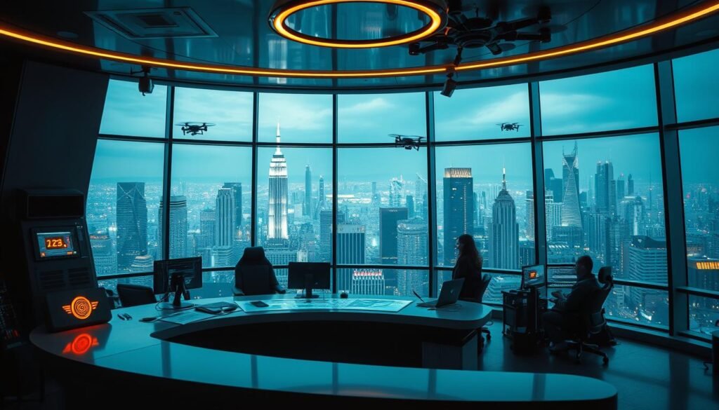A high-tech security command center in the year 2025, with a panoramic view of a futuristic cityscape through floor-to-ceiling windows. In the foreground, a curved, minimalist desk with a holographic display and a variety of cutting-edge security monitoring equipment. Overhead, a sleek, suspended lighting system casts a warm, focused glow on the scene. The middle ground features a team of cybersecurity experts, their faces illuminated by the glow of screens, intently analyzing data and coordinating defenses against emerging threats. In the background, the skyline is dotted with towering skyscrapers and drones, conveying a sense of the advanced, interconnected nature of modern urban security challenges.