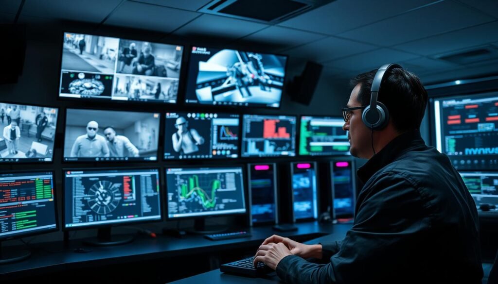 A high-tech security control room with multiple monitors displaying live camera feeds, sensor data, and network traffic analysis. In the foreground, a security professional intently observing the screens, fingers poised on the keyboard, ready to respond to any threats. Soft, even lighting illuminates the space, creating a focused, serious atmosphere. The background features a bank of servers, blinking LEDs, and sleek, minimalist workstations, conveying a sense of technological prowess and preparedness. The overall scene exudes a sense of vigilance and control, underscoring the importance of robust cybersecurity measures for small businesses.