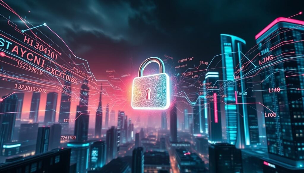 A highly detailed, hyper-realistic illustration of encryption, showcasing a central, glowing encryption key levitating in the foreground, with complex mathematical algorithms and digital data streams swirling around it in a mesmerizing display. The background features a sleek, futuristic cityscape with towering skyscrapers and a moody, neon-infused night sky. The lighting is dramatic, casting long shadows and highlighting the intricate textures and patterns of the digital elements. The overall atmosphere conveys a sense of technological sophistication, digital security, and the power of modern encryption to protect vital information.