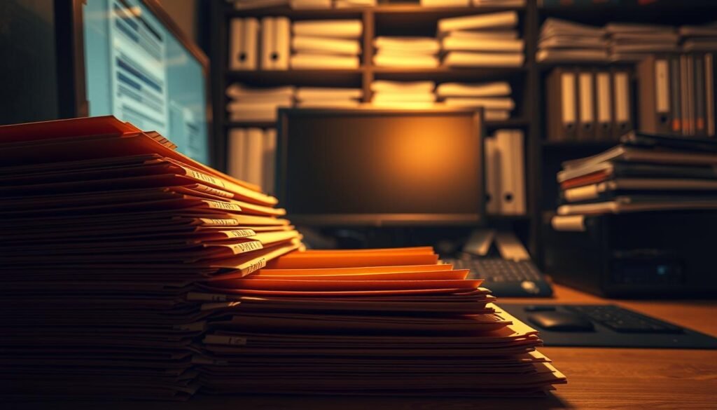 A highly detailed, meticulously organized scene of digital files. In the foreground, a stack of manila folders with crisp edges and tabbed labels, casting long shadows under warm, directional lighting. In the middle ground, a sleek desktop computer and keyboard, their surfaces reflecting the light. In the background, a shelf of neatly arranged binders and documents, creating a sense of professionalism and security. The overall atmosphere is one of organization, privacy, and attention to detail - conveying the importance of handling sensitive information with the utmost care.