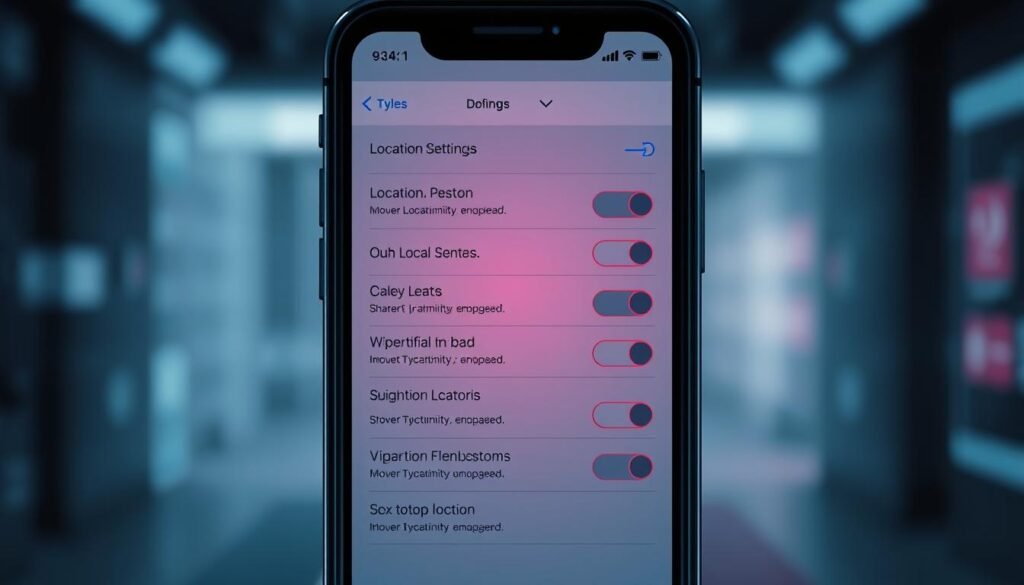 A highly detailed, technical illustration of smartphone location settings. Precise controls and menus shown in a clean, minimalist interface. Soft, directional lighting casts subtle shadows, highlighting the interface elements. The background is blurred, placing the focus on the foreground controls. The composition is carefully balanced, with the settings panel occupying the center, surrounded by negative space. The overall mood is one of simplicity and control, conveying the ability to fine-tune location privacy with ease.