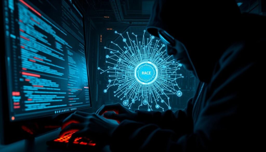 A highly detailed, technologically advanced scene of a "race window" exploitation. In the foreground, a shadowy hacker's hands rapidly manipulate code on a sleek, futuristic computer screen, the glow of digital interfaces illuminating their face. In the middle ground, a complex network visualization pulsates with data flows, highlighting the vulnerable race condition at the heart of the system. The background is a dark, moody environment, with ominous machinery and cyberpunk-inspired architectural elements, conveying the high-stakes and high-tech nature of the hacking process. Dramatic lighting and cinematic camera angles lend an ominous and suspenseful atmosphere to the scene, capturing the intensity and precision required to successfully exploit a race condition vulnerability. A highly detailed, technologically advanced scene of a "race window" exploitation. In the foreground, a shadowy hacker's hands rapidly manipulate code on a sleek, futuristic computer screen, the glow of digital interfaces illuminating their face. In the middle ground, a complex network visualization pulsates with data flows, highlighting the vulnerable race condition at the heart of the system. The background is a dark, moody environment, with ominous machinery and cyberpunk-inspired architectural elements, conveying the high-stakes and high-tech nature of the hacking process. Dramatic lighting and cinematic camera angles lend an ominous and suspenseful atmosphere to the scene, capturing the intensity and precision required to successfully exploit a race condition vulnerability.