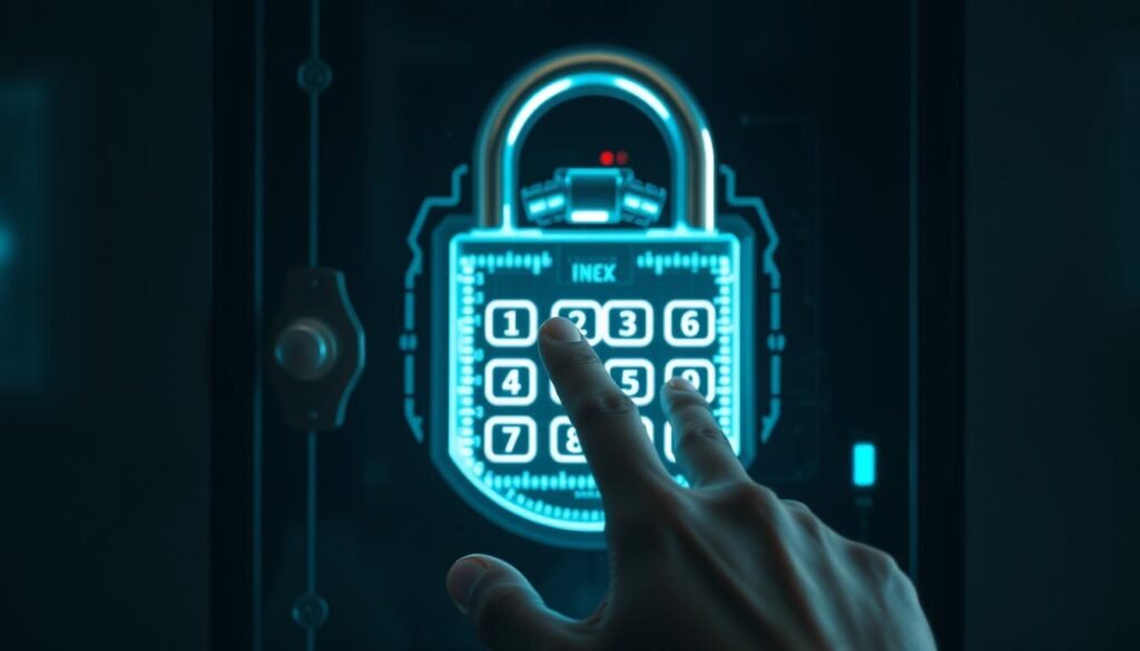A highly secure digital lock, its intricate mechanism illuminated by soft, diffused lighting. In the foreground, a hand hovering over the keypad, hesitant yet determined. The background blurs into a shadowy, minimalist environment, emphasizing the lock's central role. Sleek, modern design elements convey a sense of advanced technology protecting sensitive data. The scene exudes an air of cautious vigilance, underscoring the importance of proactive measures against non-malware password theft.