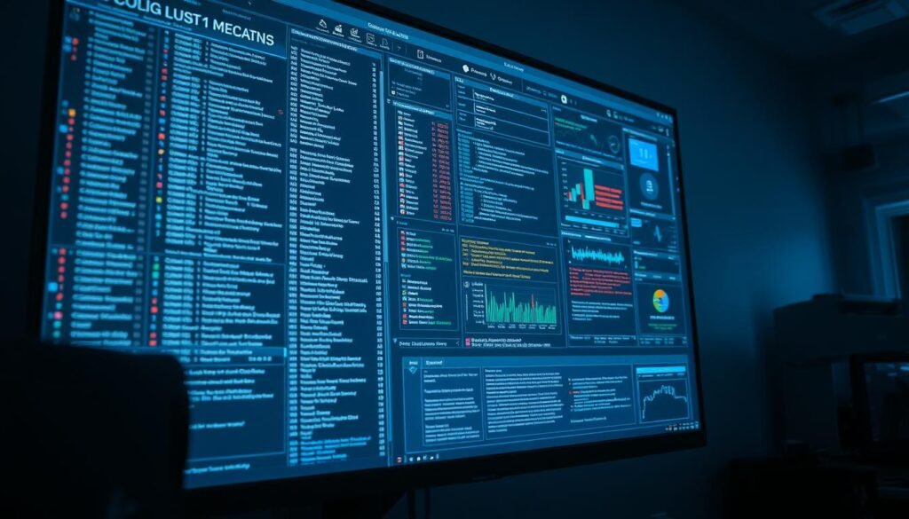 A large computer monitor displays a complex system of security logs, its screen bathed in a dim, bluish glow. The logs are meticulously organized, with various icons, graphs, and data visualizations providing a comprehensive overview of system activities. The background is shrouded in shadows, emphasizing the importance of the information displayed. The lighting is carefully calibrated, creating a sense of seriousness and professionalism. The camera angle is slightly elevated, giving the viewer a sense of the scale and complexity of the logging system. The overall mood is one of diligence and attention to detail, underscoring the critical nature of securing this sensitive data.