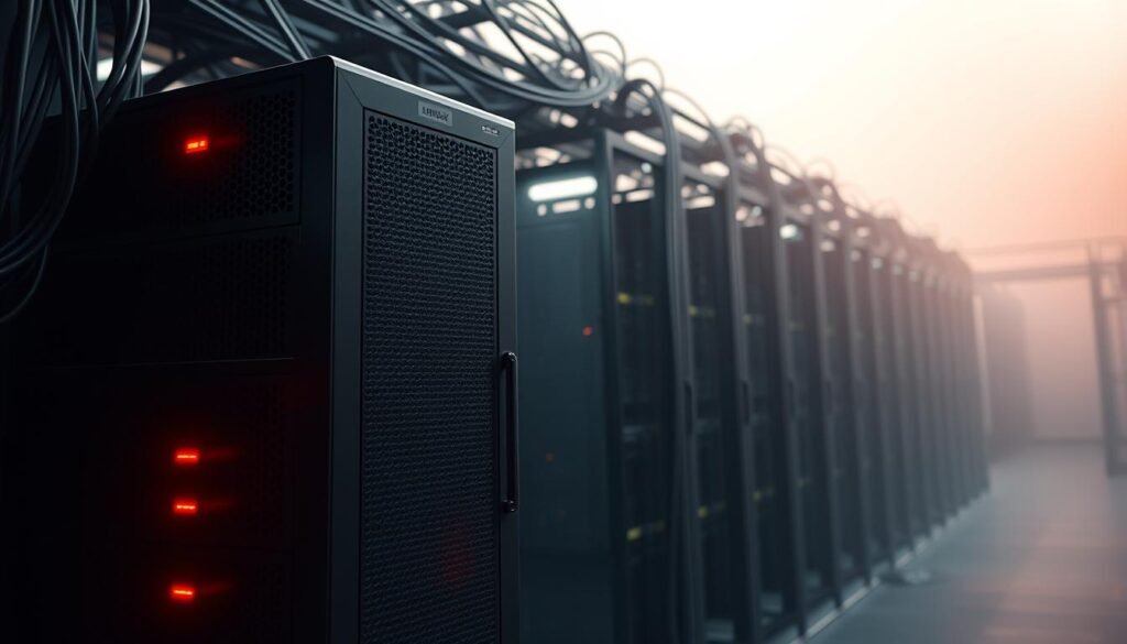 A large, imposing firewall stands in the foreground, its sleek metal chassis and blinking indicator lights conveying a sense of power and security. In the middle ground, a complex network of cables and server racks represents the intricate infrastructure the firewall is designed to protect. The background is hazy, suggesting the vast, unseen digital realm beyond the firewall's vigilant gaze. Soft, ambient lighting creates a sense of focus and intensity, while a subtle depth of field blurs the edges, emphasizing the centrality of the firewall. The overall composition conveys the critical importance of aligning the firewall with the load balancer to maintain robust network security.
