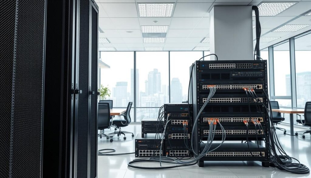 A large, industrial-looking server rack stands in the foreground, its metal frame and numerous ports and cables visible. In the middle ground, a series of network switches and routers are neatly arranged, connected by a tangle of ethernet cables. The background features a clean, well-lit office space, with desks, chairs, and a large window overlooking a cityscape. The lighting is bright and even, creating a sense of order and organization. The overall scene conveys the concept of physical network segmentation, with the various hardware components separated and interconnected, reflecting the principles of network security and control.