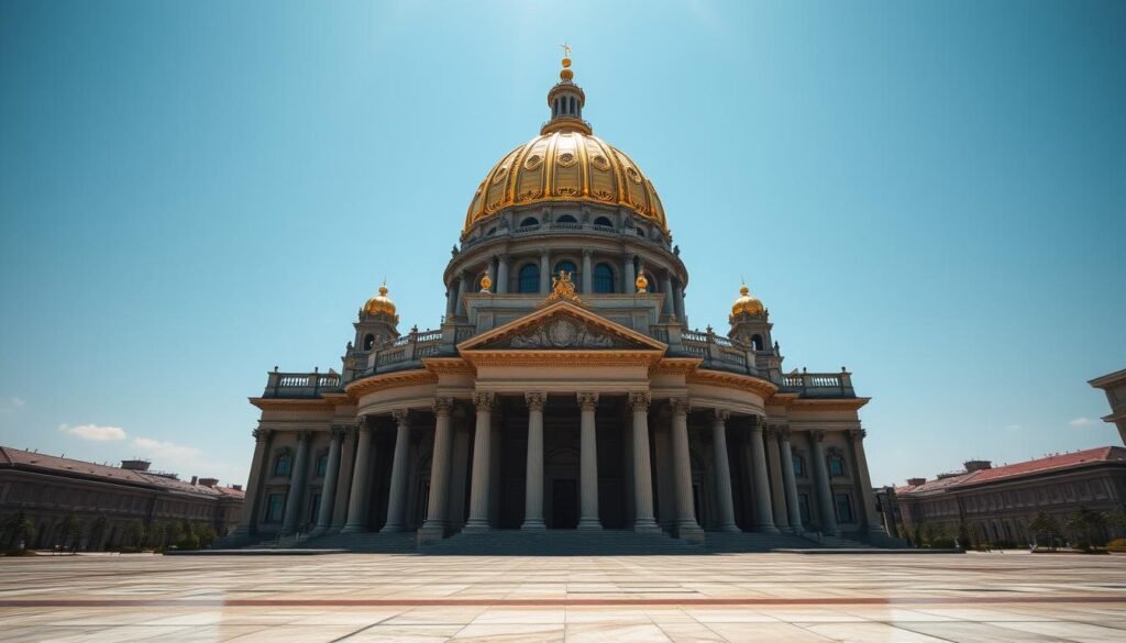 A majestic great dome rising high against a clear azure sky, its gleaming golden roof reflecting the warm glow of the sun. Ornate columns and intricate architectural details adorn the grand facade, exuding a sense of timeless elegance and power. The dome's towering silhouette dominates the cityscape, its imposing presence a testament to the ingenuity and ambition of its creators. Shadows play across the structure, adding depth and dimension to the scene. A wide, sweeping plaza surrounds the dome, its polished marble floors inviting visitors to pause and admire this iconic architectural masterpiece that has defined the era. A majestic great dome rising high against a clear azure sky, its gleaming golden roof reflecting the warm glow of the sun. Ornate columns and intricate architectural details adorn the grand facade, exuding a sense of timeless elegance and power. The dome's towering silhouette dominates the cityscape, its imposing presence a testament to the ingenuity and ambition of its creators. Shadows play across the structure, adding depth and dimension to the scene. A wide, sweeping plaza surrounds the dome, its polished marble floors inviting visitors to pause and admire this iconic architectural masterpiece that has defined the era.