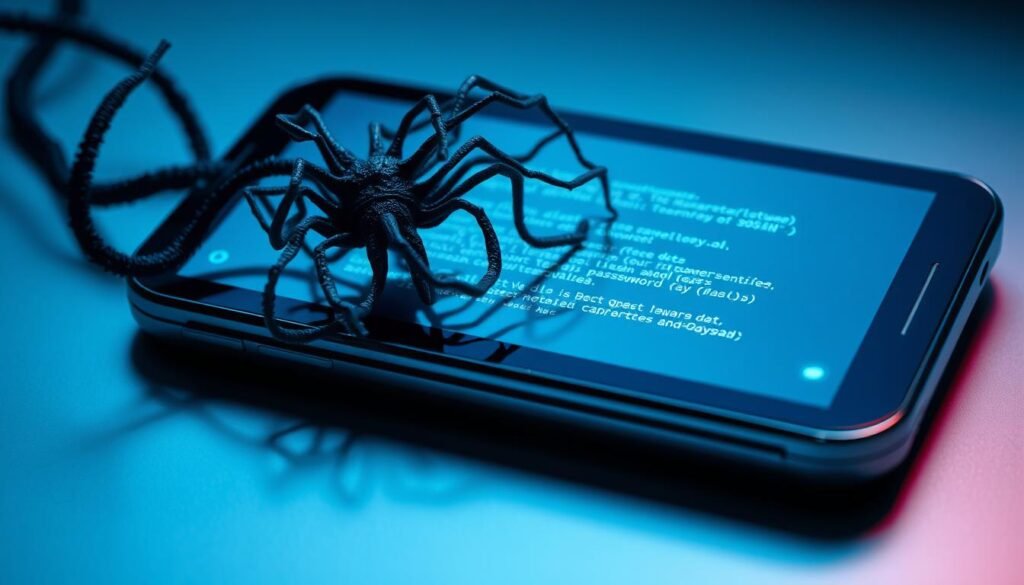 A malicious software program, its intricate web-like tendrils snaking across a sleek, black device screen. The malware's sinister presence casts an ominous shadow, its grasping appendages reaching towards sensitive data and passwords. The scene is bathed in a cool, blue-tinted light, creating an atmosphere of unease and digital peril. The device's metallic chassis reflects the malware's menacing form, emphasizing the threat it poses. Detailed textures and subtle highlights convey the advanced, sophisticated nature of this malicious code. This malware is a stealthy, relentless predator, poised to infiltrate and exploit vulnerable systems.