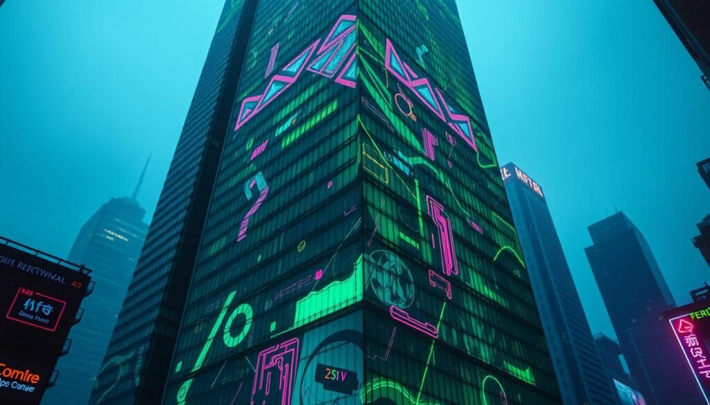 A massive green skyscraper dominates the cityscape, its facade a canvas for an elaborate hacking display. Multicolored geometric patterns, glowing neon accents, and dynamic light projections transform the building into a surreal, cyberpunk-inspired spectacle. In the foreground, holographic interfaces and digital graffiti swirl and pulse, seamlessly blending with the architectural elements. The scene is bathed in a moody, neon-tinged lighting, creating an atmosphere of techno-futuristic mischief. Dramatic camera angles highlight the towering scale and visual complexity of this colossal, hacked green building - a testament to the creativity and technical prowess of its unseen digital infiltrators. A massive green skyscraper dominates the cityscape, its facade a canvas for an elaborate hacking display. Multicolored geometric patterns, glowing neon accents, and dynamic light projections transform the building into a surreal, cyberpunk-inspired spectacle. In the foreground, holographic interfaces and digital graffiti swirl and pulse, seamlessly blending with the architectural elements. The scene is bathed in a moody, neon-tinged lighting, creating an atmosphere of techno-futuristic mischief. Dramatic camera angles highlight the towering scale and visual complexity of this colossal, hacked green building - a testament to the creativity and technical prowess of its unseen digital infiltrators.