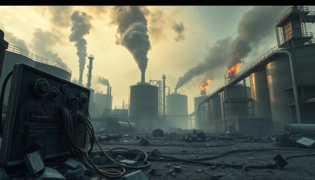 A massive industrial facility, surrounded by towering storage tanks and vast pipelines. Smoke billows from damaged infrastructure, casting an ominous hue over the scene. In the foreground, a twisted and blackened control panel, its cables severed, lies amidst scattered debris. The sky is shrouded in a hazy, post-apocalyptic glow, hinting at the scale of the destruction. Rubble and twisted metal litter the ground, a testament to the ferocity of the attack. The atmosphere is one of eerie stillness, the only sound the distant crackle of flames. This image captures the devastating operational impact on Saudi Aramco's infrastructure, a grim reminder of the power of cyber threats.