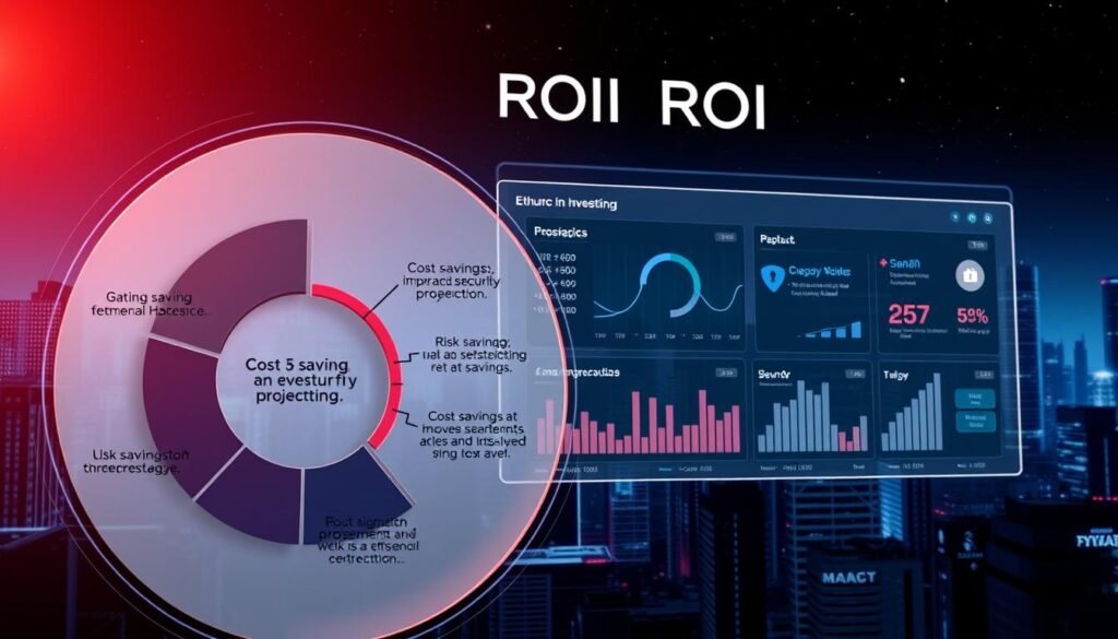 A meticulously crafted infographic depicting the return on investment (ROI) calculation for ethical hacking. In the foreground, a detailed pie chart showcases the key factors contributing to the ROI, such as cost savings, risk mitigation, and improved security posture. The middle ground features a sleek, minimalist dashboard displaying performance metrics and financial projections. In the background, a stylized cityscape with high-rise buildings and a starry night sky, conveying a sense of technological sophistication and strategic decision-making. The lighting is crisp and directional, casting subtle shadows and highlights to emphasize the infographic's clarity and precision. The overall mood is one of data-driven professionalism and informed decision-making.