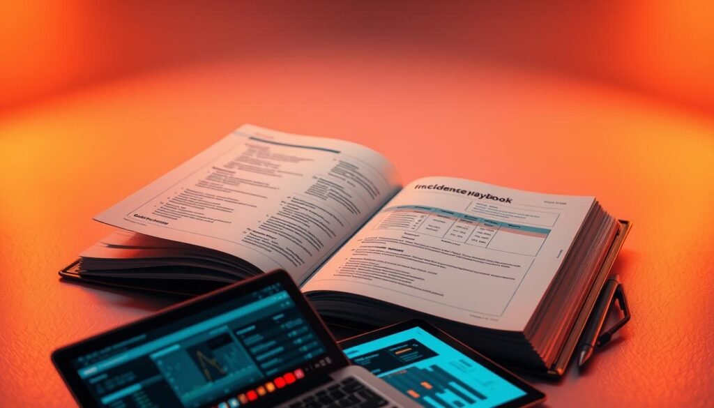 A meticulously designed incident response playbook, its pages illuminated by a warm, focused light. The playbook lies open, revealing a structured set of guidelines and checklists, each step optimized for rapid, coordinated action. In the foreground, a laptop and a tablet display real-time analytics, connecting the playbook to live data feeds and automated SOAR workflows. The background features a minimalist, high-contrast aesthetic, emphasizing the clarity and purpose of the incident response process. The overall scene conveys a sense of preparedness, efficiency, and unwavering focus, ready to guide teams through the most critical moments of a cybersecurity incident.