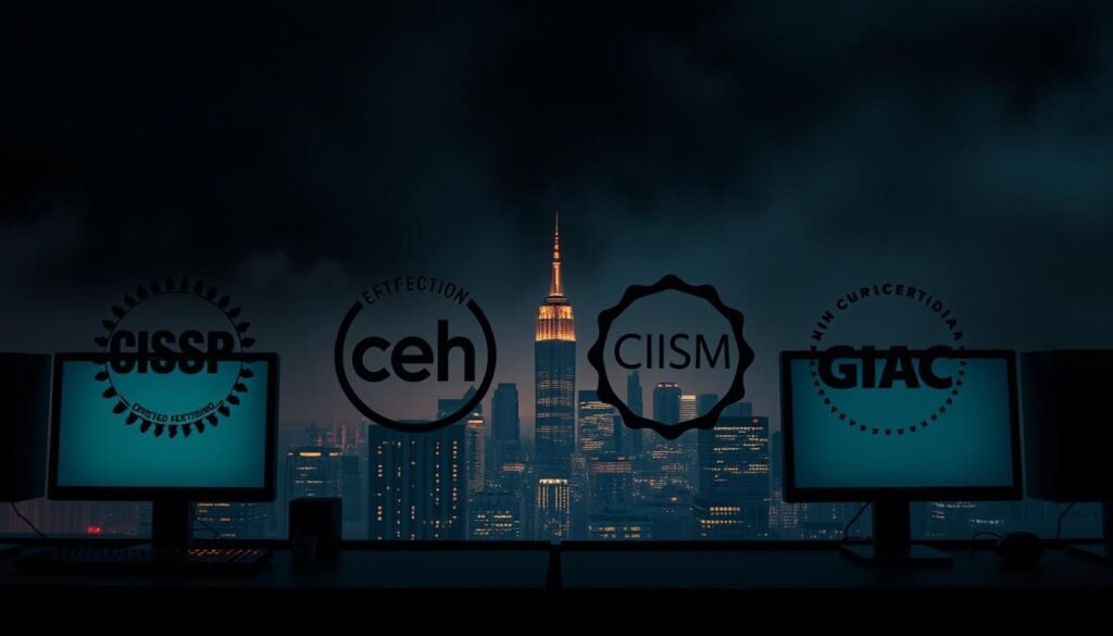 A meticulously detailed cybersecurity certification landscape against a dimly lit background, illuminated by the warm glow of computer monitors. In the foreground, an array of respected certification logos - CISSP, CEH, CISM, GIAC - showcased in a clean, minimalist arrangement. The middle ground features a cityscape silhouette, hinting at the professional applications of these credentials. The background is shrouded in a subtle haze, suggesting the ever-evolving nature of the cybersecurity field. The overall composition conveys a sense of authority, expertise, and the critical importance of these certifications in the current US cybersecurity landscape.