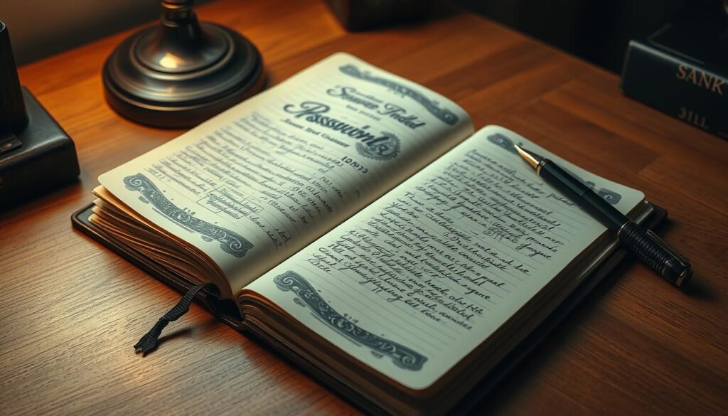 A meticulously organized analog password index, its pages filled with handwritten entries, resting on a wooden desk illuminated by warm, soft lighting. The index's cover features an intricate, engraved design, exuding a sense of purpose and security. The desk's surface is clean, save for a vintage fountain pen and a small, discrete lamp, creating an atmosphere of focused attention and deliberation. The background is a muted, neutral tone, allowing the index to be the central focus, emphasizing the importance of this analog, offline-first system for managing strong passwords.