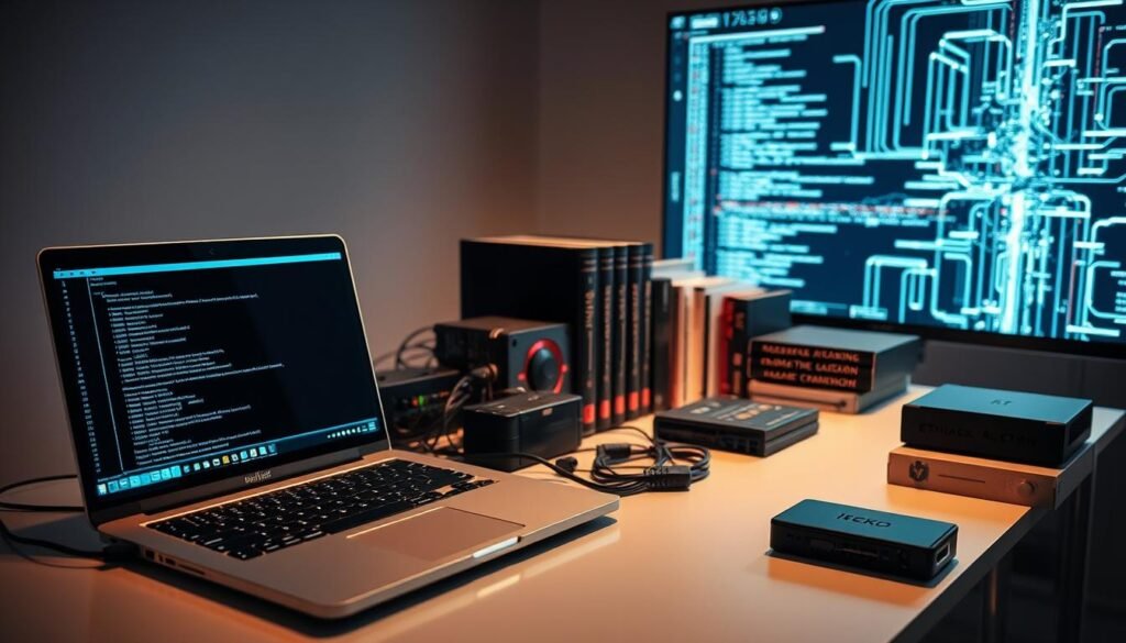 A meticulously organized array of ethical hacking tools sits on a sleek, minimalist desk. In the foreground, a high-powered laptop displays a terminal interface, its screen casting a soft, ambient glow. Surrounding it, an assortment of specialized hardware devices, including a network packet sniffer, a wireless network adapter, and a portable penetration testing platform. The middle ground features a collection of reference books on cybersecurity and hacking techniques, their spines lined up neatly. In the background, a large monitor displays a dynamic visualization of network traffic, hinting at the analytical capabilities of this carefully curated toolkit. The overall scene conveys a sense of precision, professionalism, and a commitment to responsible, ethical hacking practices.