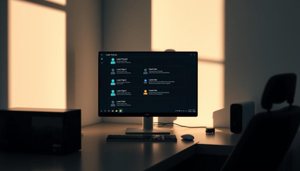 A minimalistic office desk with a personal computer, displaying the "least privilege" concept. The desktop interface showcases various user accounts, some with restricted access, others with administrative rights. Soft, directional lighting illuminates the scene, casting subtle shadows that emphasize the layered permissions. The overall atmosphere is one of thoughtful simplicity, hinting at the importance of maintaining a secure and well-managed digital environment. The composition focuses on the core idea of "least privilege" as a fundamental security practice.