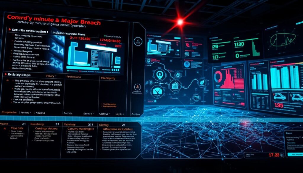 A minute-by-minute incident response plan for a major breach, displayed on a high-tech digital dashboard. The foreground shows a timeline of critical steps, with detailed information and status indicators for each action item. The middle ground features a real-time network map, visualizing the affected systems and data flows. In the background, large screens display security analytics, threat intelligence, and communication channels. Dramatic lighting, with a cool color palette and subtle lens flares, conveys the urgency and gravity of the situation. The overall composition creates a sense of control and preparedness in the face of a severe cybersecurity incident.