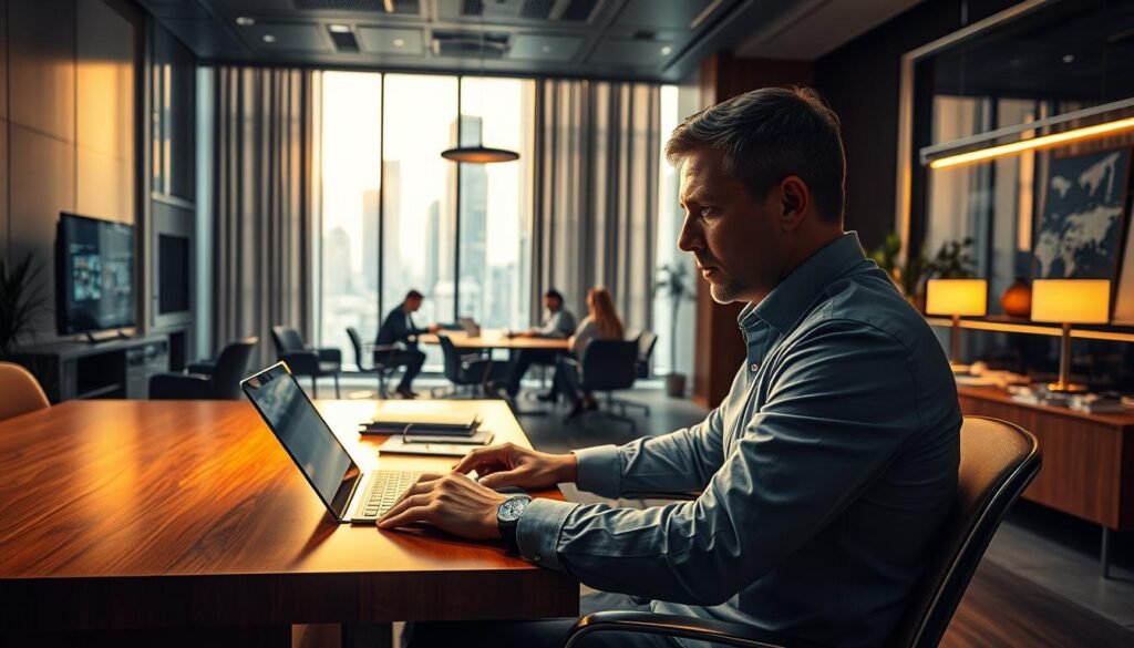 A modern and well-appointed consulting office, filled with sleek furniture and sophisticated decor. In the foreground, a middle-aged consultant sits at a polished wooden desk, intently reviewing documents and digital screens. The lighting is a warm, subdued glow, casting a professional and contemplative atmosphere. In the middle ground, a team of consultants collaborates around a conference table, engaged in a lively discussion. The background showcases floor-to-ceiling windows overlooking a bustling cityscape, symbolizing the global reach and impact of the consulting field. The overall scene conveys the intellectual rigor, attention to detail, and collaborative nature of a successful cybersecurity consulting career. A modern and well-appointed consulting office, filled with sleek furniture and sophisticated decor. In the foreground, a middle-aged consultant sits at a polished wooden desk, intently reviewing documents and digital screens. The lighting is a warm, subdued glow, casting a professional and contemplative atmosphere. In the middle ground, a team of consultants collaborates around a conference table, engaged in a lively discussion. The background showcases floor-to-ceiling windows overlooking a bustling cityscape, symbolizing the global reach and impact of the consulting field. The overall scene conveys the intellectual rigor, attention to detail, and collaborative nature of a successful cybersecurity consulting career.
