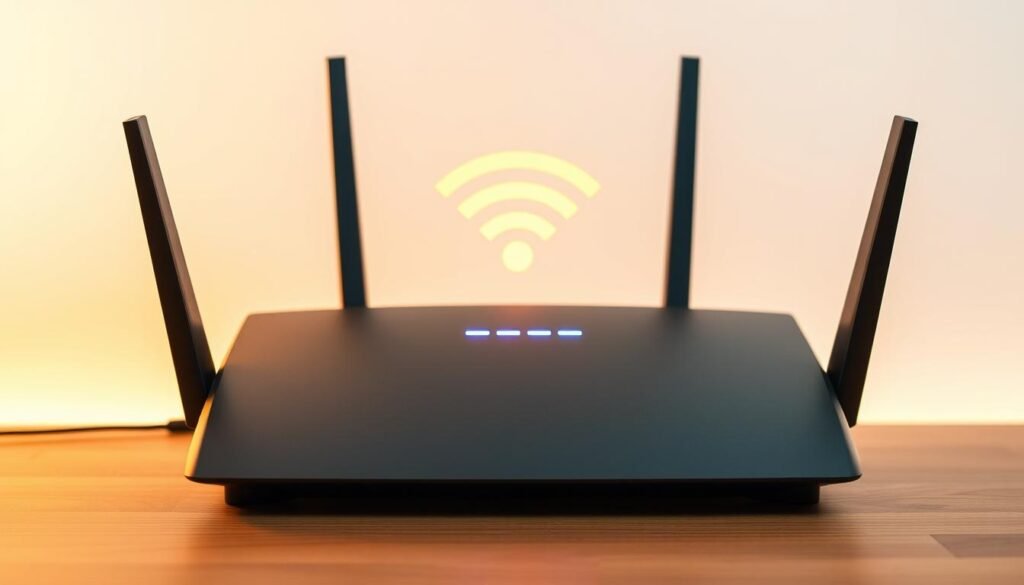 A modern home router with a glowing guest network indicator, highlighting the separation between the main Wi-Fi and a dedicated guest access point. The router is placed on a minimalist wooden desk, with a clean white background that emphasizes the technological nature of the device. Warm indirect lighting creates a soft, inviting atmosphere, suggesting the ease and security of using a guest network. The composition is balanced, with the router positioned slightly off-center to create visual interest. The overall scene conveys a sense of simplicity, control, and the importance of network segmentation for privacy and protection.