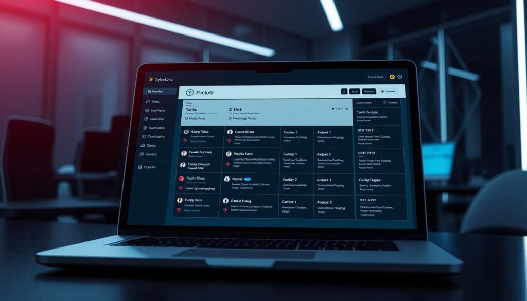 A modern, minimalist communication notification dashboard displayed on a sleek, silver laptop. The foreground features an elegant pop-up window with crisp icons and a clean user interface, conveying a sense of urgency and professionalism. The middle ground showcases a series of notification alerts in a well-organized grid layout, with subtle animations drawing the eye. The background depicts a dimly lit office environment, highlighting the centrality of the notification system in a high-stakes security incident response scenario. The lighting is soft and directional, creating a sense of focus and attention. The overall tone is one of efficiency, control, and calm in the face of a pressing situation.