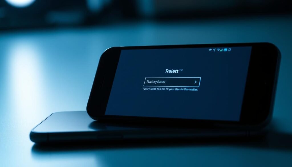 A modern, minimalist factory reset interface on a smartphone display. In the foreground, the device's screen shows a simple, clean UI with a prominent "Factory Reset" button and a brief description of the process. The screen is backlit with cool-toned, indirect lighting, casting subtle shadows and highlights that emphasize the device's sleek design. The middle ground depicts the smartphone resting on a plain, neutral-colored surface, with just enough context to convey the scene. The background is blurred, creating a sense of depth and focus on the central device. The overall mood is one of clinical precision and the user's complete control over the reset process.